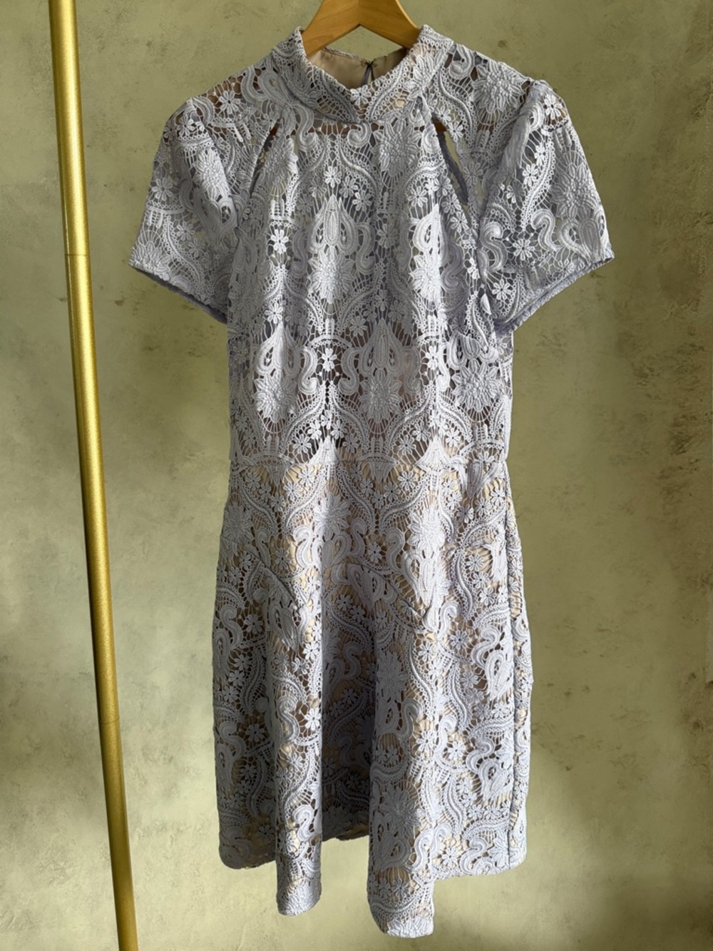 White Lace Mini Dress with High Neck and Cutout Detail